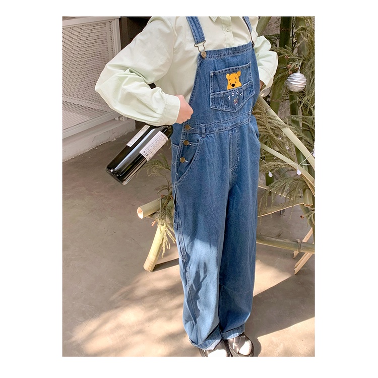 Quần yếm Jeans nữ JOLII.SG ống rộng hình gấu Pooh trẻ trung, năng động - thích hợp đi chơi, dạo phố