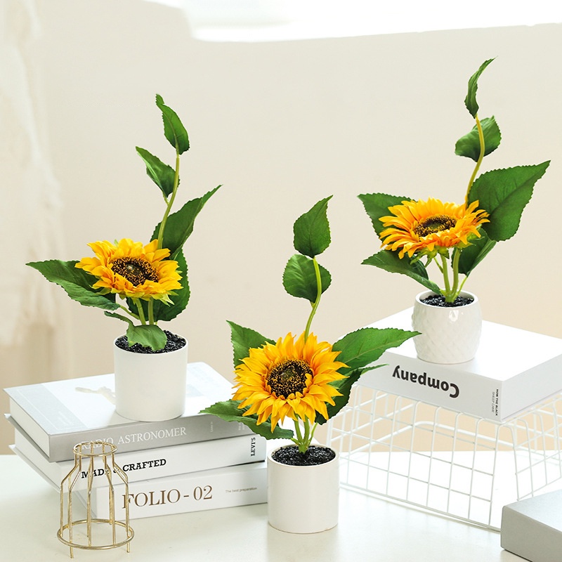 (Cắm sẵn) Chậu hoa hướng dương 30*30cm để bàn ăn/phòng khách kèm chậu nhựa xinh xắn