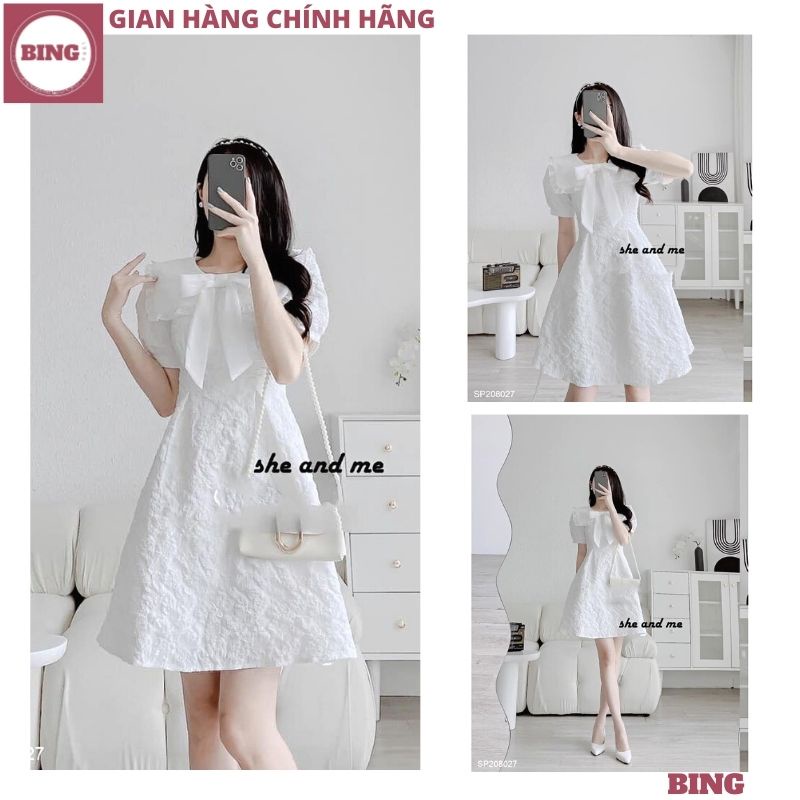 Váy gấm tiểu thư cổ sen tay bồng phối nơ cổ sang chảnh, Đầm gấm xốp cổ tròn phối viền dáng suông bo tay cực xinh - BING