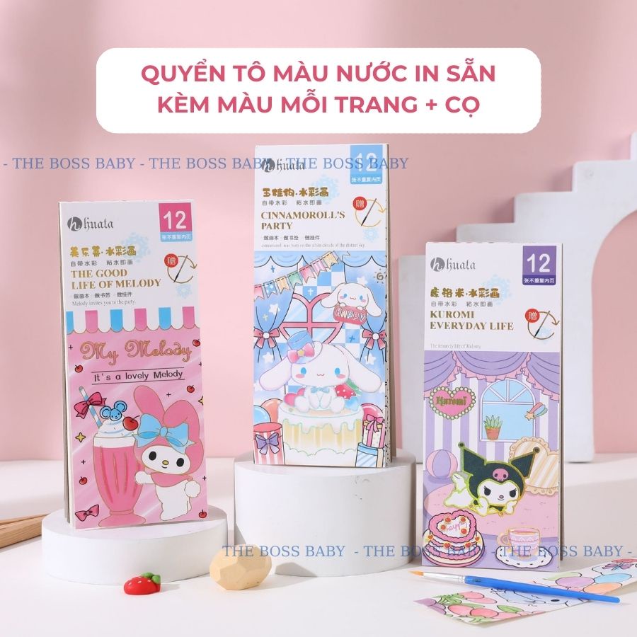 Tô Màu Nước Chủ Đề Sanrio Kuromi, My Melody, Purin, Cinnamaroll Kèm Cọ Và Màu Mỗi Trang