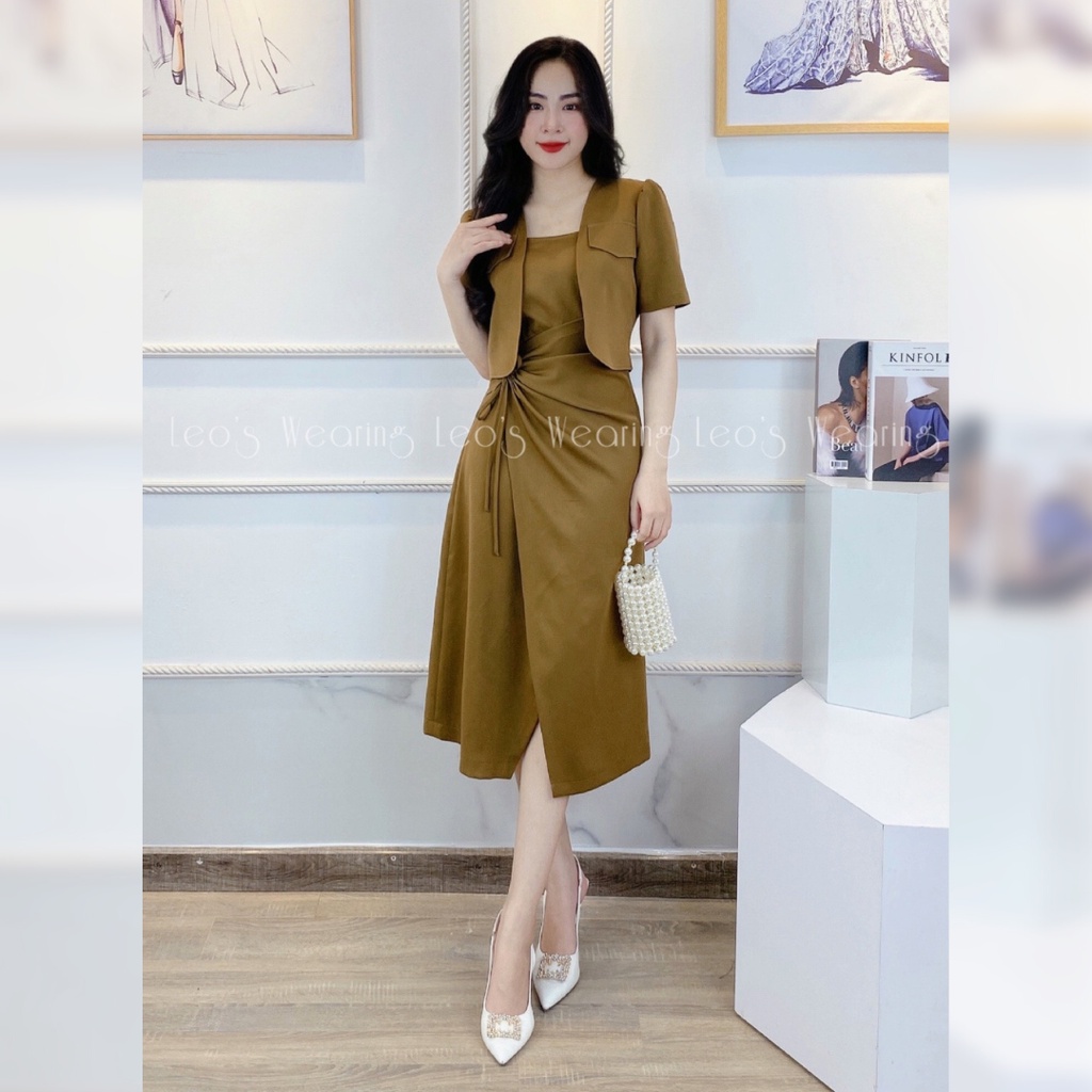 Set đầm 2 dây bản to thắt nhún eo kèm áo khoác croptop LEOSWEARING váy công sở A236 A238