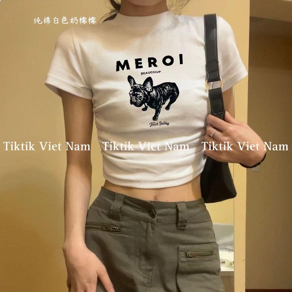 Áo CRT Nữ, Ôm Body In Chữ MEROI, Áo Kiểu Nữ Hở Eo Tay Ngắn Chất Vải Mềm Mịn