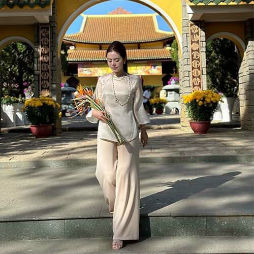 Set bộ nữ đi chùa, pháp phục nữ cao cấp chất liệu tơ tay lỡ cổ tròn - Pháp phục Mộc An - PP05
