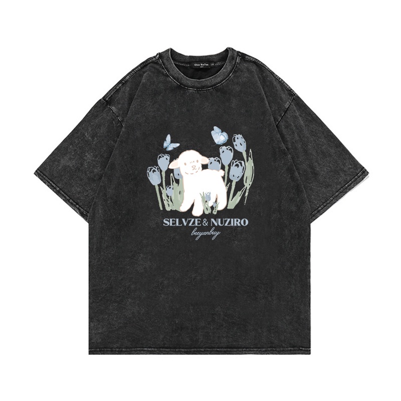 POFLORET Áo thun unisex rộng domba putih in Oversize áo phông nữ 100%Cotton áo phông cổ điển đã giặt