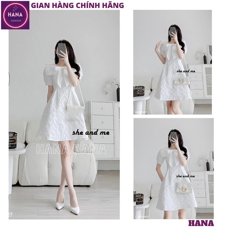 Váy gấm tiểu thư cổ sen tay bồng phối nơ cổ sang chảnh, Đầm gấm xốp cổ tròn phối viền dáng suông bo tay cực xinh - HANA