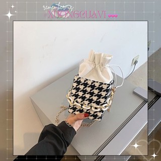 ✧Ảnh thật✧ Túi đeo chéo vải canvas hộp vuông rút dây hoạ tiết răng cưa houndstooth TX016 Xưởng Của Vi