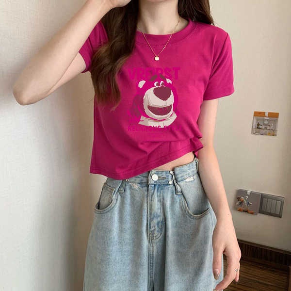 Áo thun thẳng vai gấu dâu tây màu thanh long phiên bản Hàn Quốc