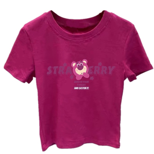 Áo thun thẳng vai gấu dâu tây màu thanh long phiên bản Hàn Quốc