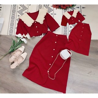 Set croptop cổ bèo chân váy đỏ phong cách Hàn