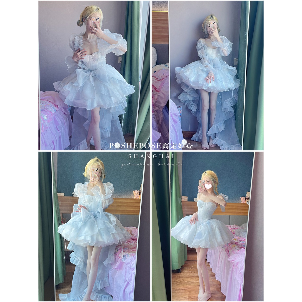 Váy công chúa Đầm Công Chúa Phối Ren Màu Xanh Dương Cao Cấp Thời Trang Mùa Hè Dành Cho Nữ