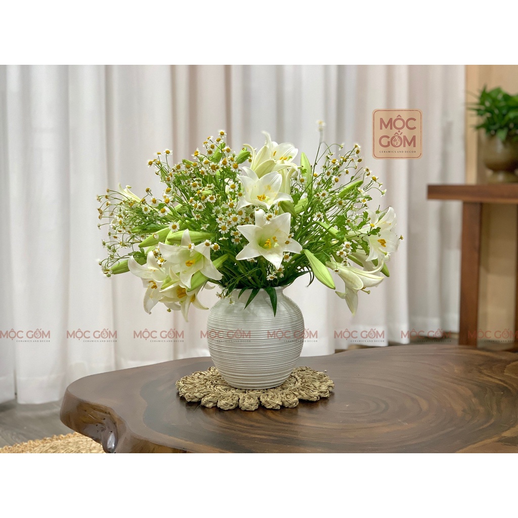 Bình gốm Bát Tràng dáng vò tròn quốc dân men trắng lì vân ganh cắm hoa trang trí phòng khách đẹp Mộc Gốm MG165