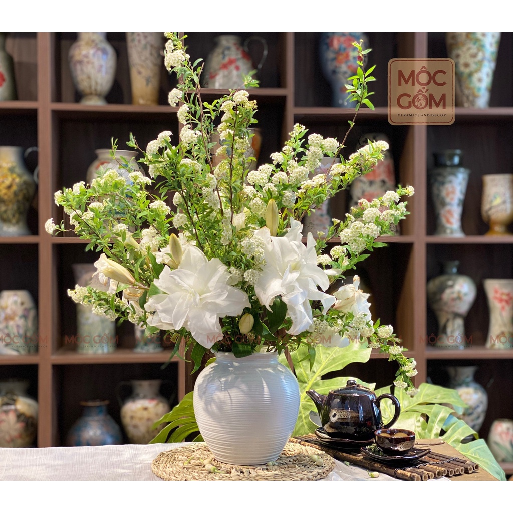 Bình gốm Bát Tràng dáng vò tròn quốc dân men trắng lì vân ganh cắm hoa trang trí phòng khách đẹp Mộc Gốm MG165