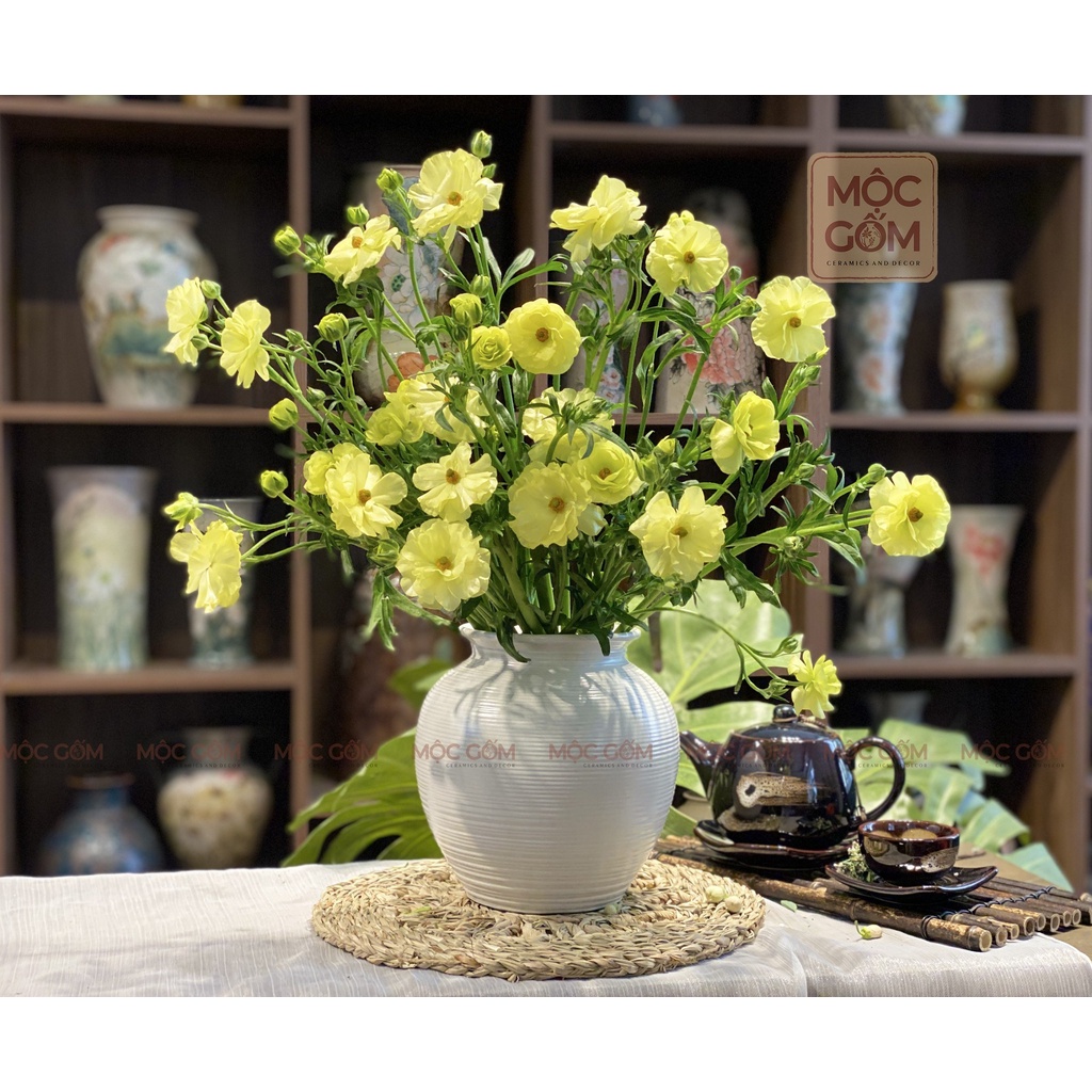 Bình gốm Bát Tràng dáng vò tròn quốc dân men trắng lì vân ganh cắm hoa trang trí phòng khách đẹp Mộc Gốm MG165