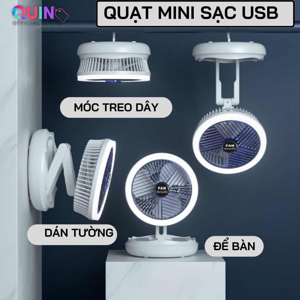 Quạt để bàn treo tường mini, sạc pin type C 2400mAh Dùng liên tục 4-6 tiếng, 4 mức độ gió