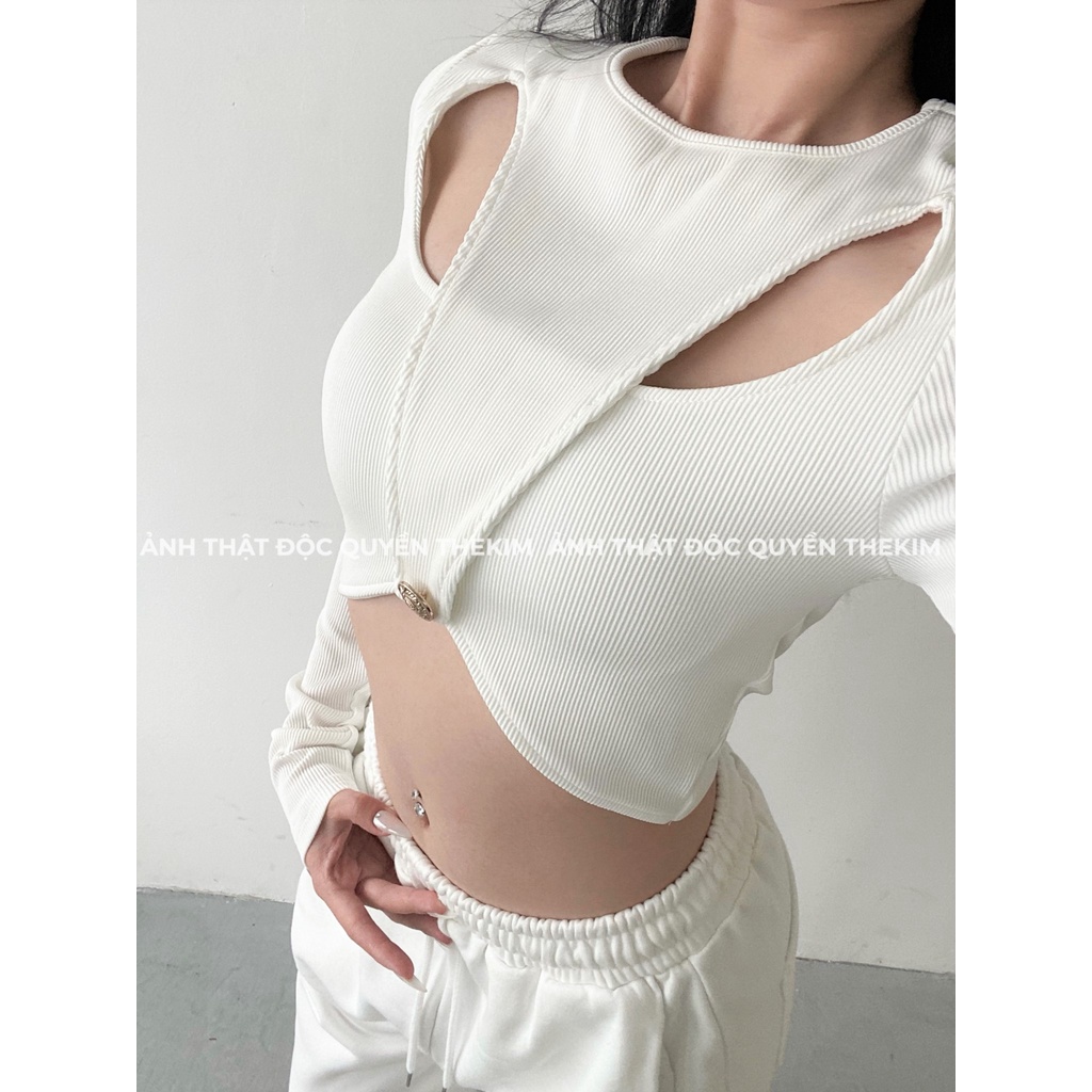 Áo len croptop dài tay khoét ngực The Kim , áo thun tăm gân tay dài A171 | BigBuy360 - bigbuy360.vn