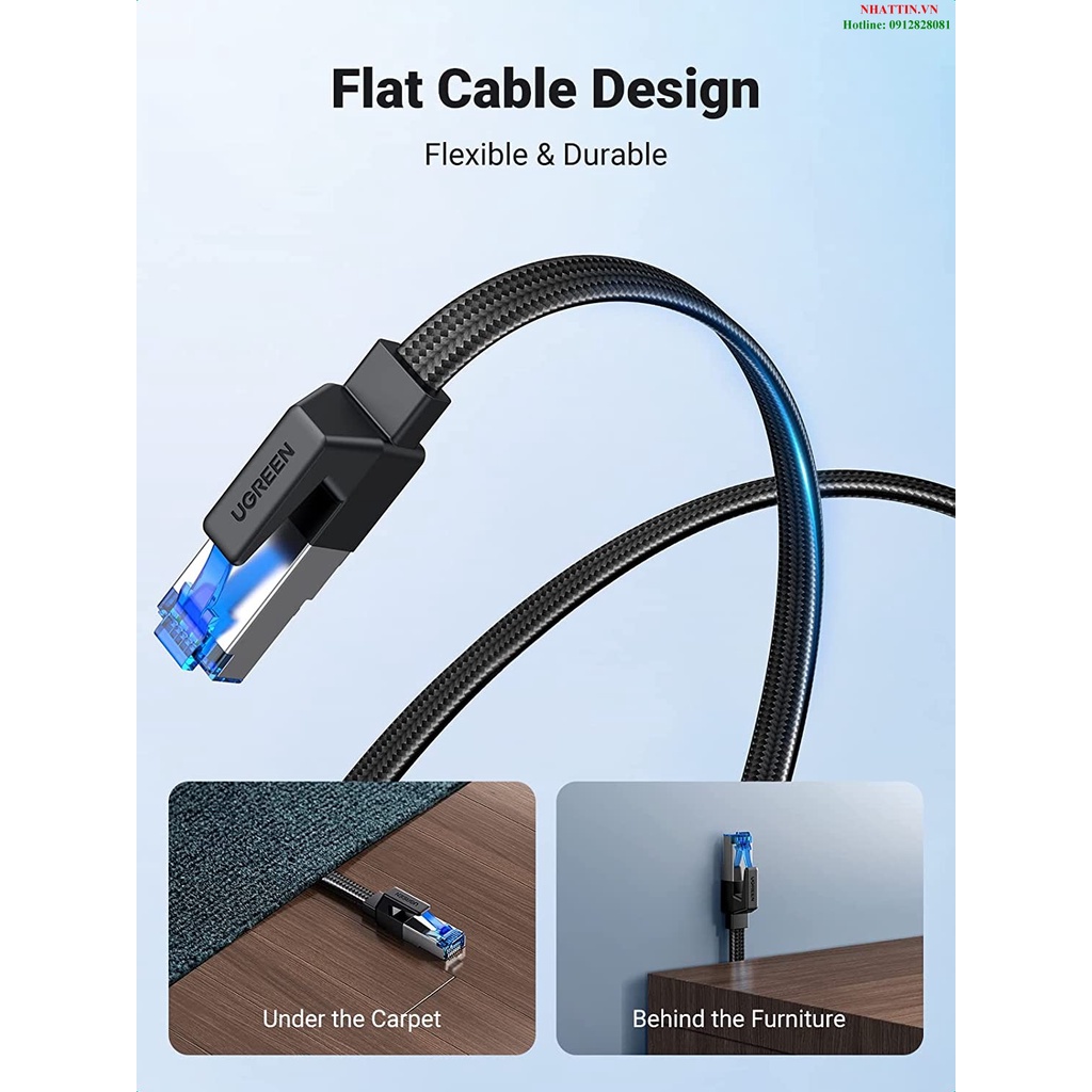 Cáp mạng CAT8 đúc sẵn dẹt dài 2M tốc độ 40Gbps 2000Mhz 26AWG U/FTP Ugreen 40171 cao cấp