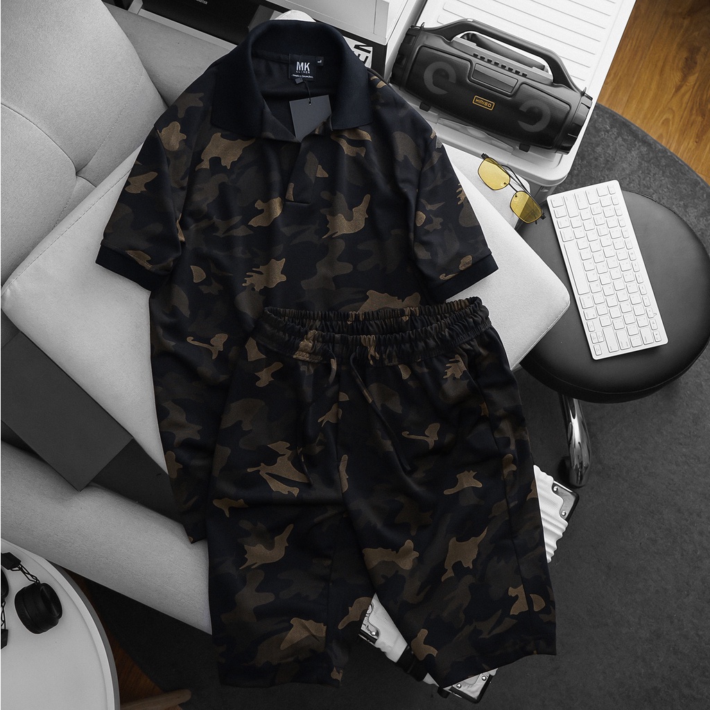 Set bộ Camo cổ V MK CLEVER Vải Thun Umy Co Giãn Thấm Hút Tốt