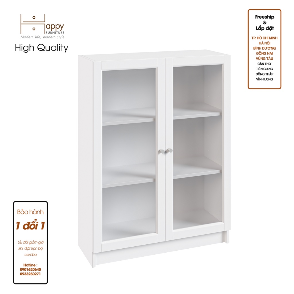 HAPPY FURNITURE , kệ sách 3 tầng cửa kính - CATY , KSA_012 , 80cm x 30cm x 106cm
