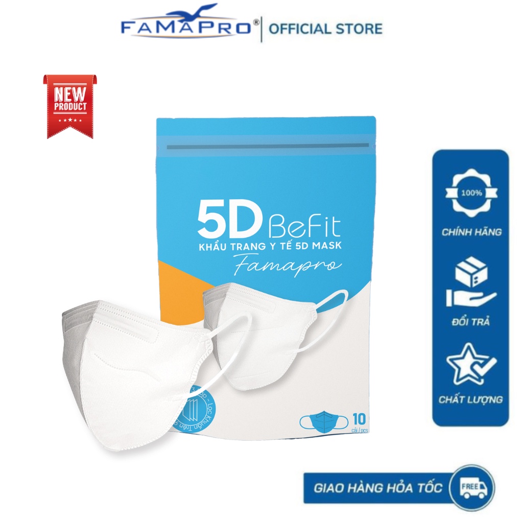 Khẩu trang y tế 3 lớp kháng khuẩn 5D mask Befit Famapro Bịch 10 cái