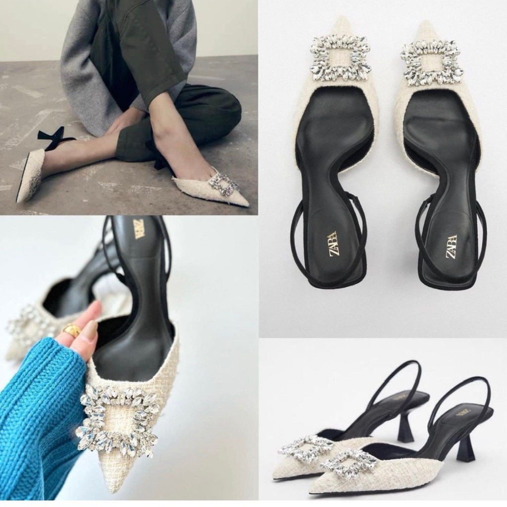 Giày cao gót Zra dạ tweed cao cấp đá vuông hở gót