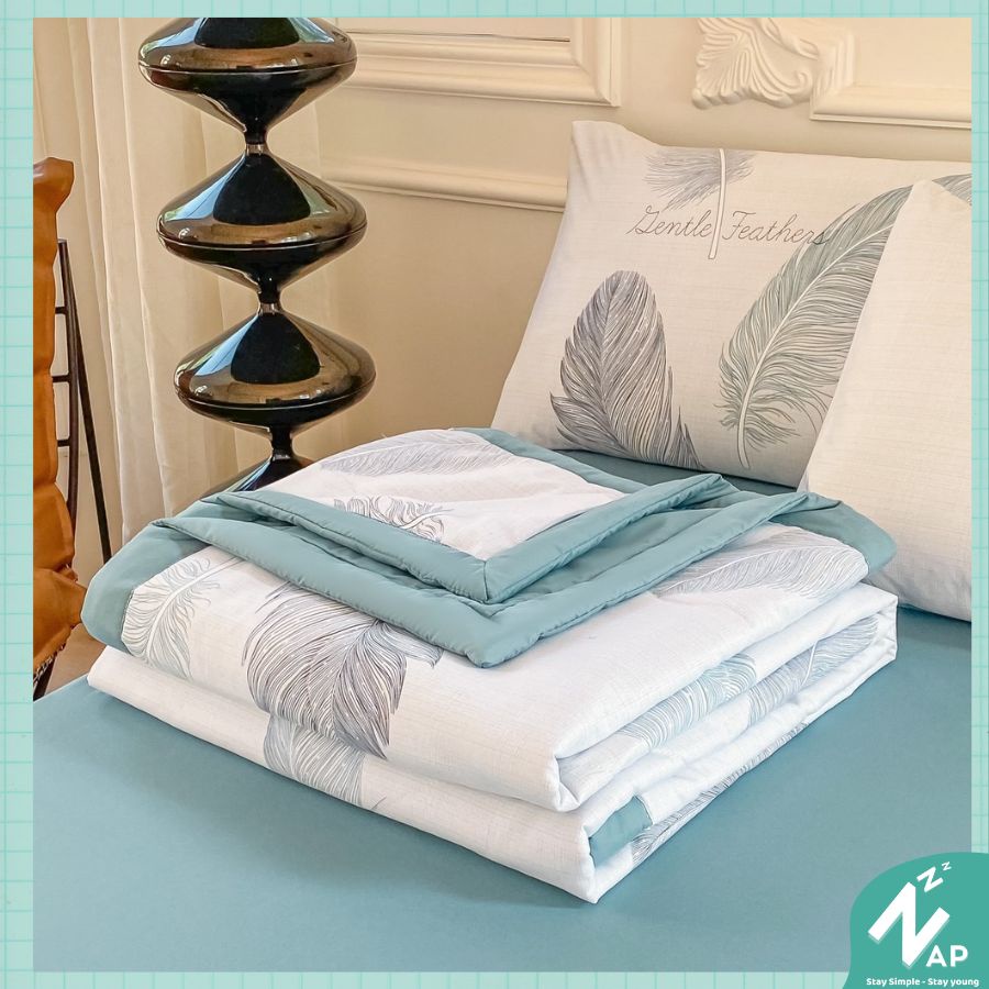 Bộ Chăn Chần Ga Giường Vỏ Gối 4 Món Cotton Đũi Cao Cấp Hoạ Tiết Lông Vũ Đủ Size Napbedding