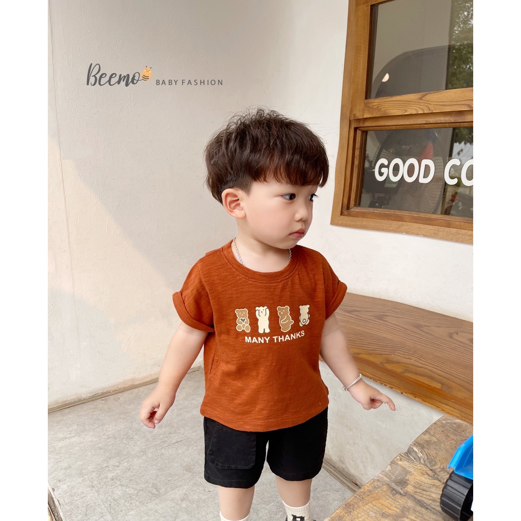 Áo phông cotton unisex cho bé, áo thun cộc tay mềm mát hoạ tiết gấu Beemo