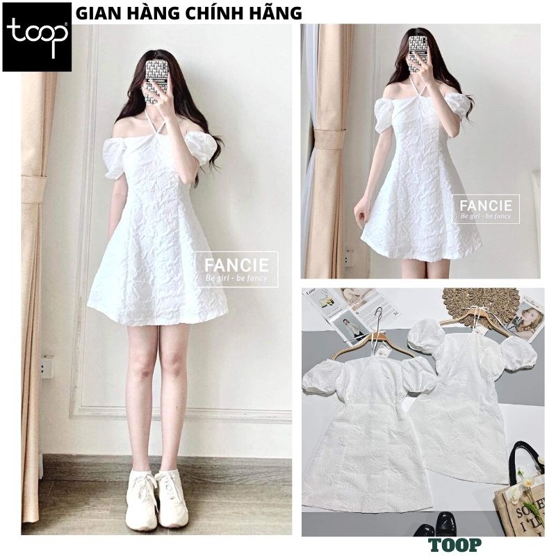 Váy gấm trễ vai buộc dây dáng xòe mặc được 2 kiểu dễ thương, Đầm gấm trắng tiểu thư cổ vuông chéo dây tay bồng - TOOP