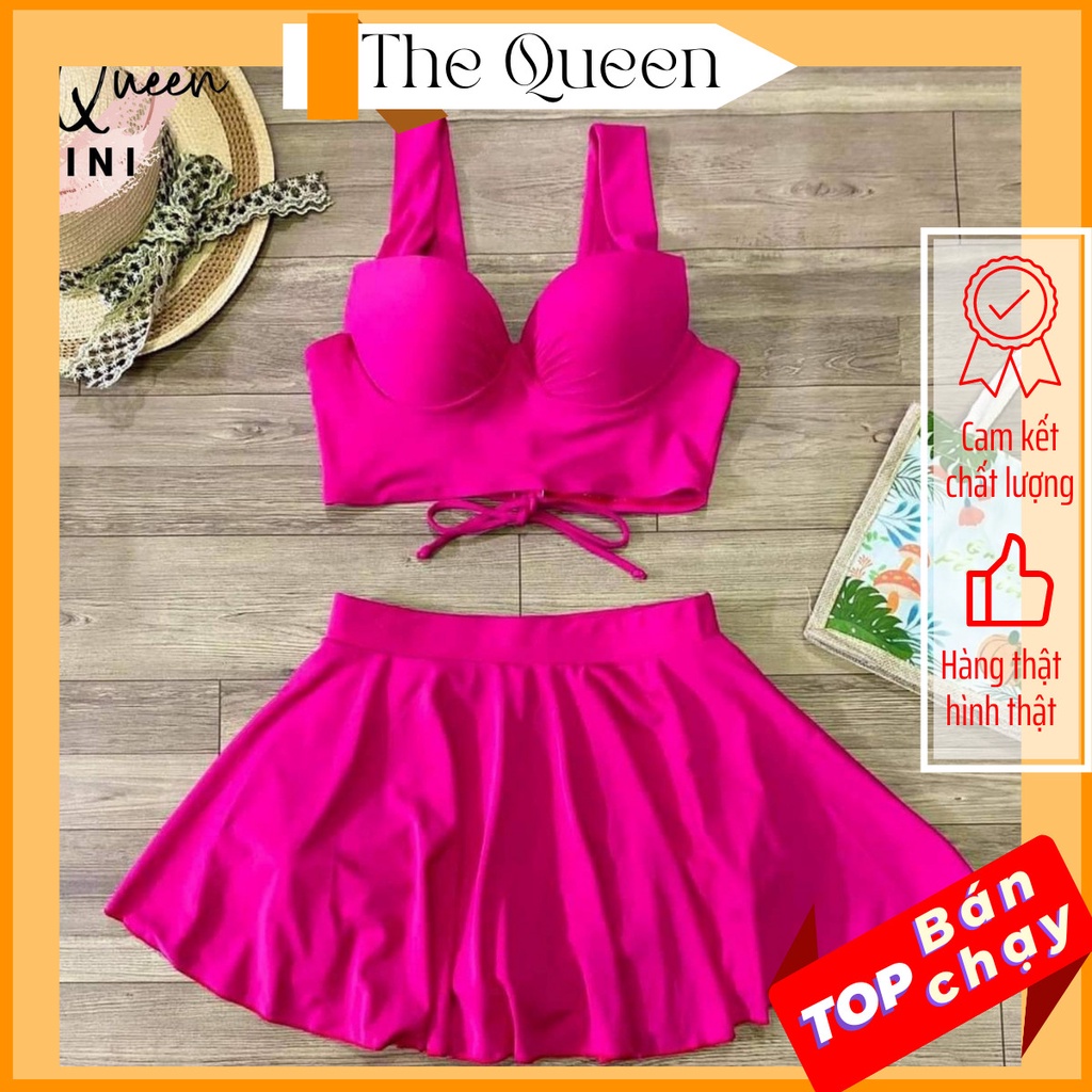 Bikini đồ bơi đi biển nữ hai mảnh gọng vuông hở lưng váy xòe lưng cao The Queen 040