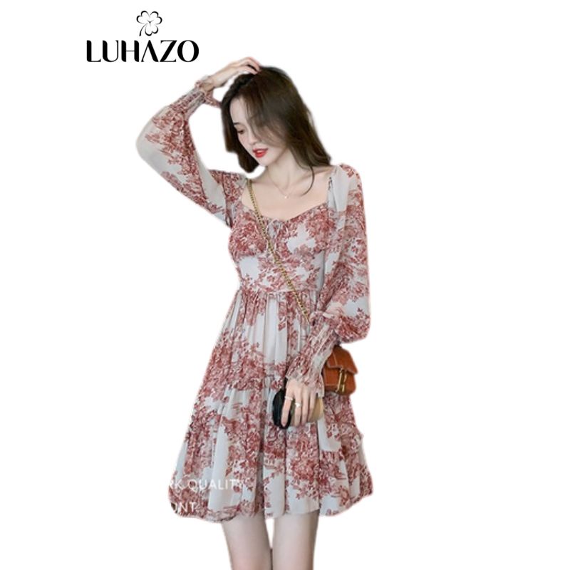 Váy đi biển nữ LUHAZO đẹp xòe cao cấp kiểu sang chảnh Hàn Quốc vintage babydoll tay bồng thắt nơ họa tiết hoa 2023