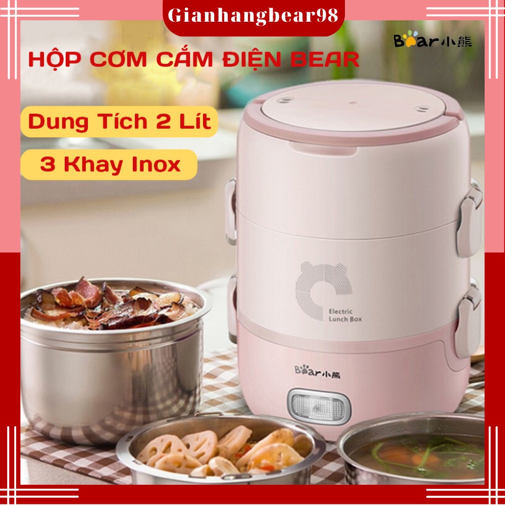 Hộp cơm cắm điện Bear 2 Lít, nấu cơm, hâm nóng tự động, Công suất 270W - Tặng túi đựng và zắc 3 chấu