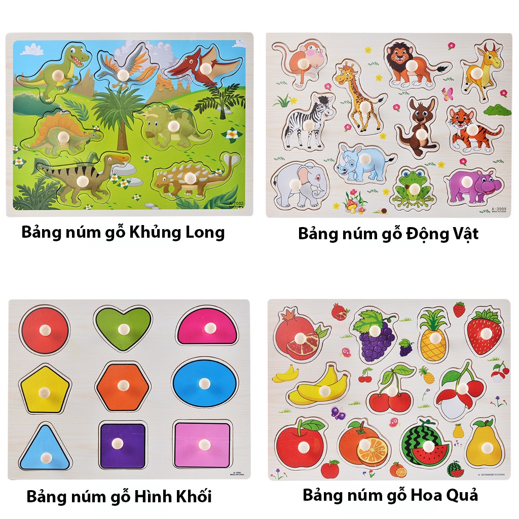 Bảng núm gỗ 3D nhiều chủ đề động vật, xe cộ kích thước lớn 30x23 cm đồ chơi giáo dục sớm cho trẻ từ 1 tuổi