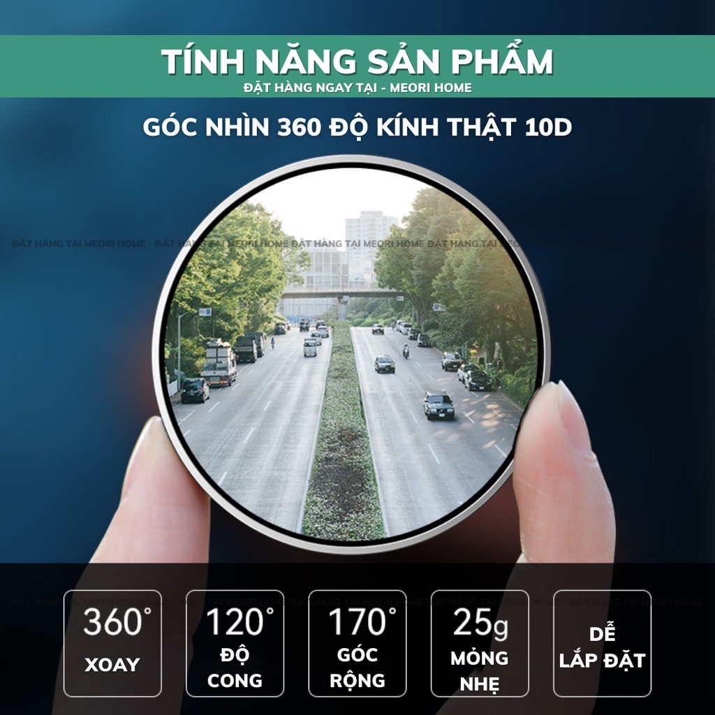 Set 2 gương cầu lồi gắn kính hậu ô tô xoay 360 xóa điểm mù kính thật tráng bạc cao cấp Meorihome