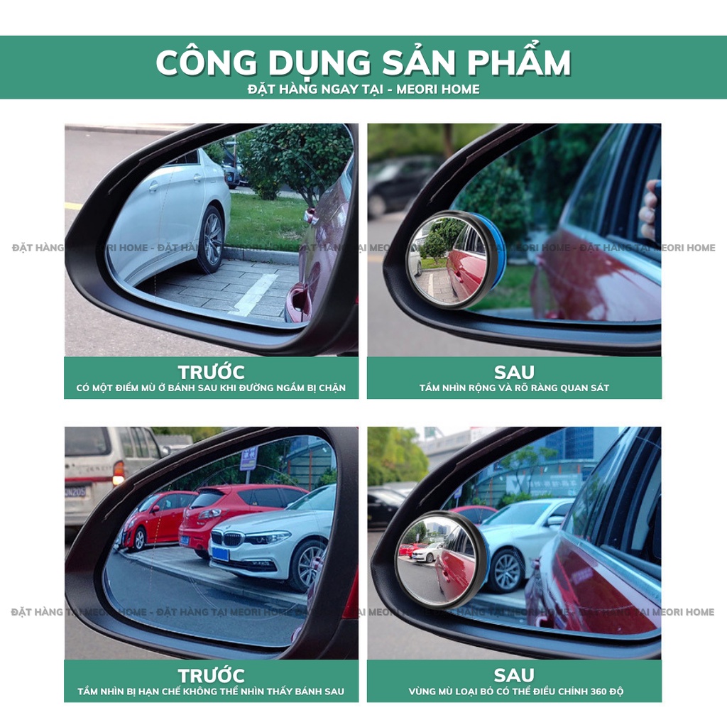 Set 2 gương cầu lồi gắn kính hậu ô tô xoay 360 xóa điểm mù kính thật tráng bạc cao cấp Meorihome