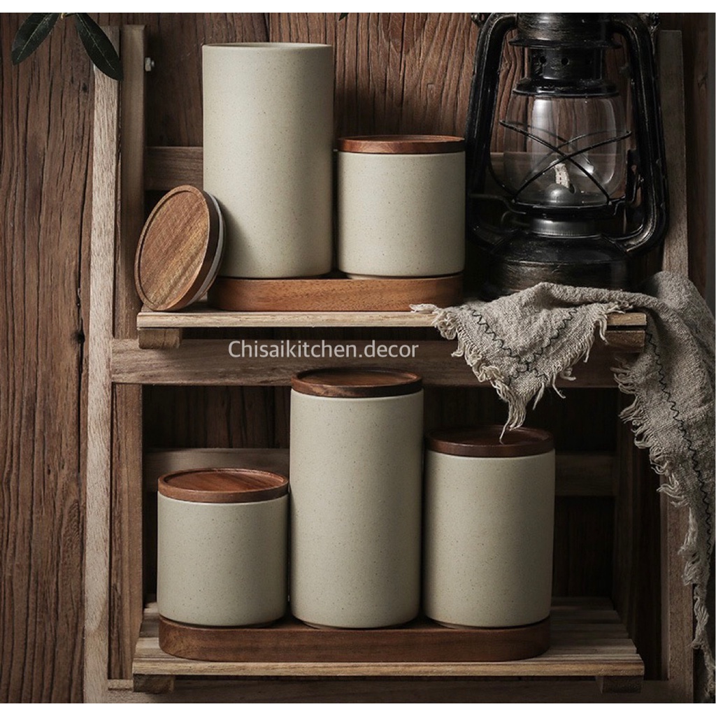 Hũ gia vị gốm thô màu be có nắp, Hũ đựng gia vị đồ khô phong cách Nhật