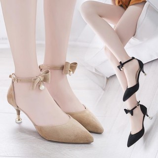 Giày cao gót nhọn 7p bít mũi da nhung nơ 1 hạt siêu cute BM44