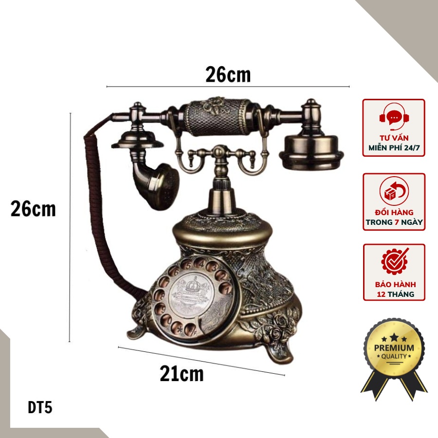 Điện thoại tân cổ điển nghe gọi và trang trí DT5 Sim Chất liệu Composite cùng hợp kim mạ đồng