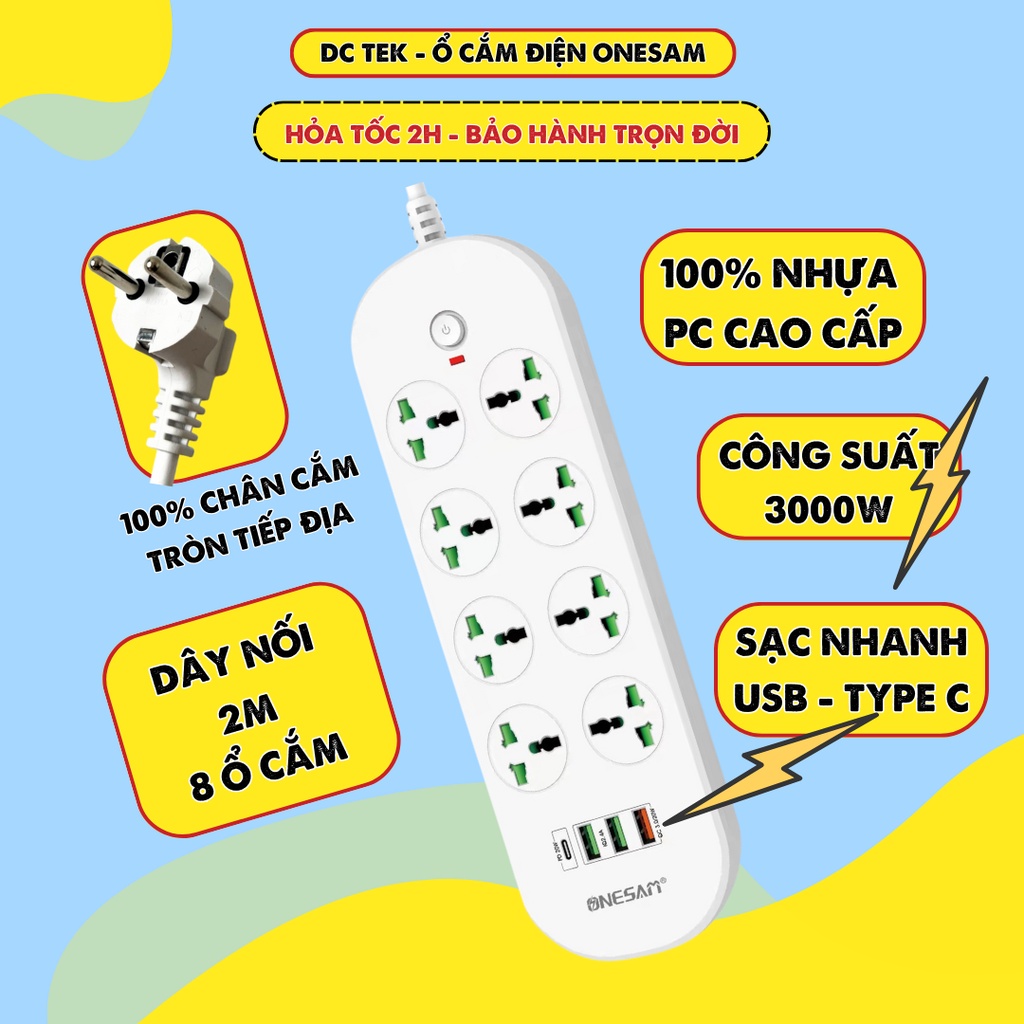 Ổ cắm điện đa năng Onesam T92 sạc nhanh PD 20w, Usb QC 3.0 chịu tải 3000w nhựa PC chống cháy nổ dây nối dài 2m