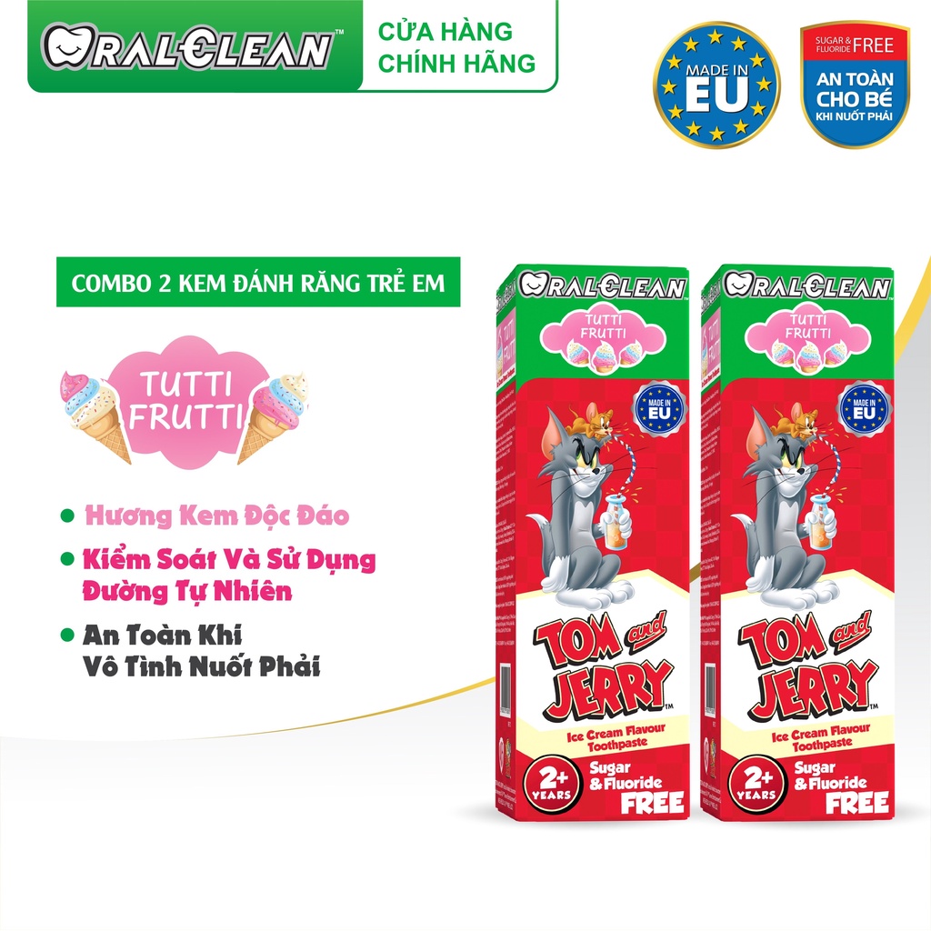 Combo 2 kem đánh răng cho bé vị dâu OralClean Tom and Jerry Tutti-Frutti