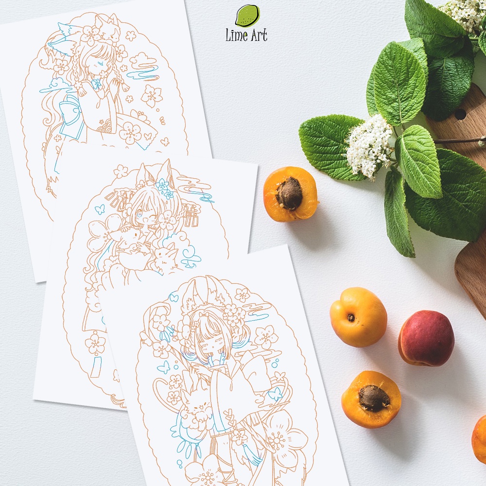 Tranh tô màu nước CHIBI HỒ LY / Line Art / Khổ A5 A4 dày 300gsm