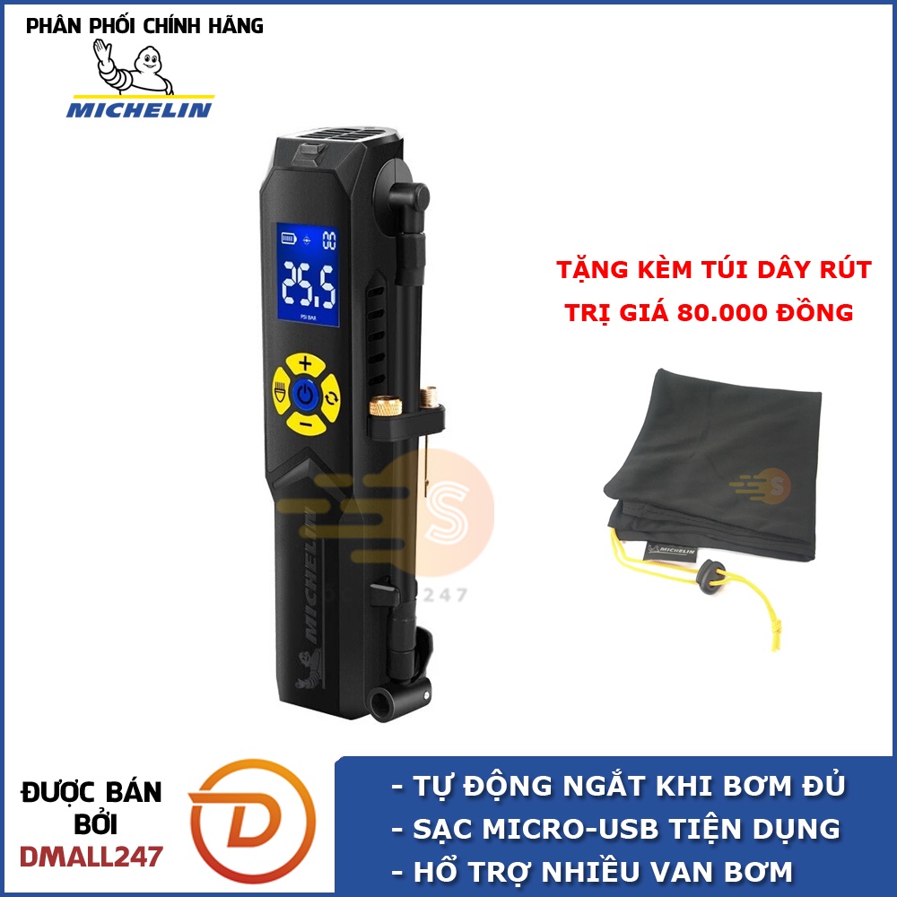 Máy bơm lốp mini đa năng tự ngắt Michelin Lifestyle 3321 Bơm xe đạp, xe máy, ô tô, bóng, xe hơi 4 bánh, có đèn LED