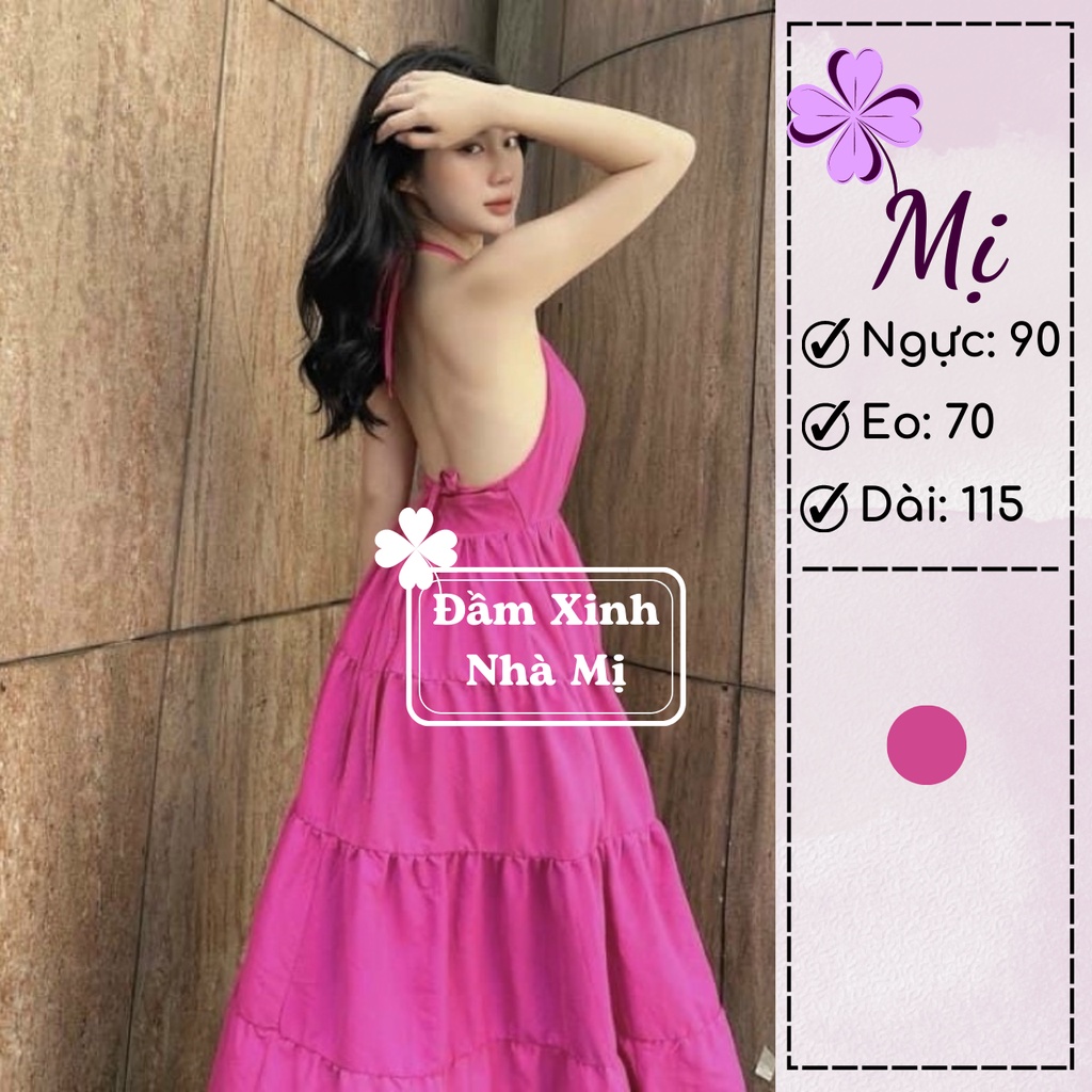Đầm Nữ Cổ Yếm Cột Dây Eo Hở Lưng Dáng Xòe Tầng Quyến Rũ, Đầm Nữ Đi Chơi Biển Form Dài Sexy Màu Hồng