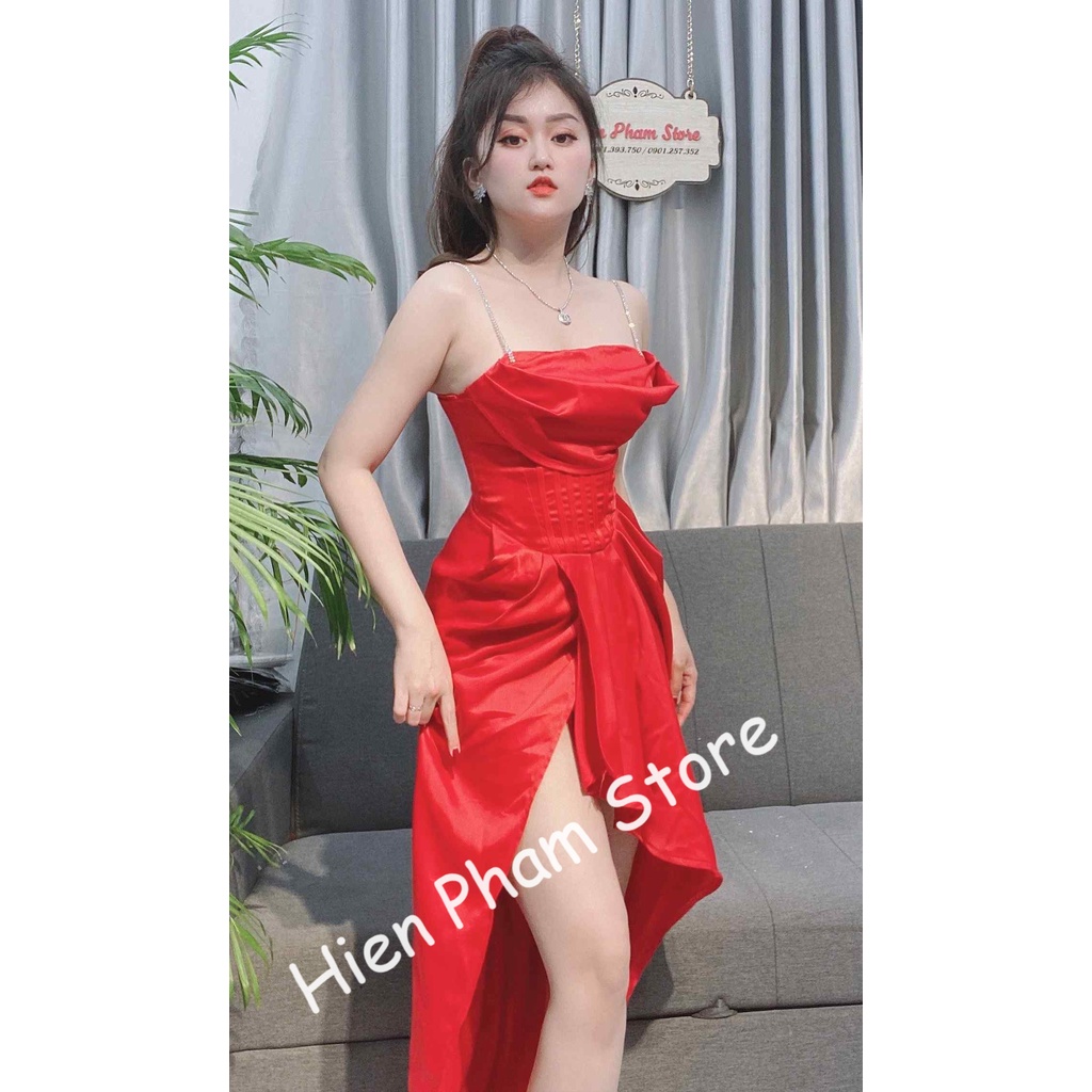 Đầm body lụa 2 dây cúp ngực xẽ tà gợi càm DN 7677