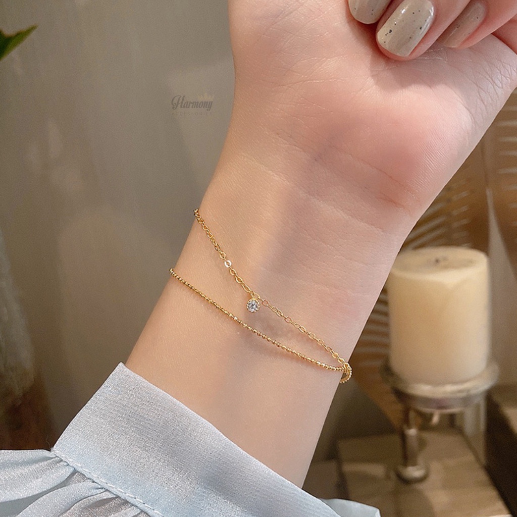 Lắc tay bạc nữ mạ vàng s925 đính đá 2 sợi kép basic sang trọng | HARMONY ACCESSORIES VT35