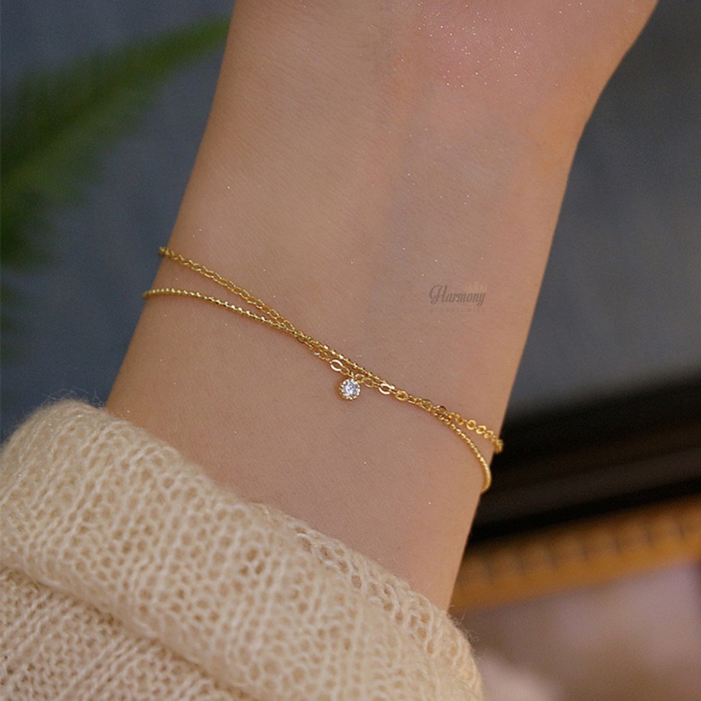 Lắc tay bạc nữ mạ vàng s925 đính đá 2 sợi kép basic sang trọng | HARMONY ACCESSORIES VT35