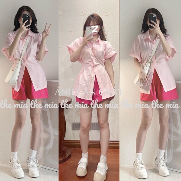 Áo sơ mi ngắn tay form rộng, sơ mi có nút bấm eo tự điều chỉnh kèm quần short đùi cạp chun SAQCC669