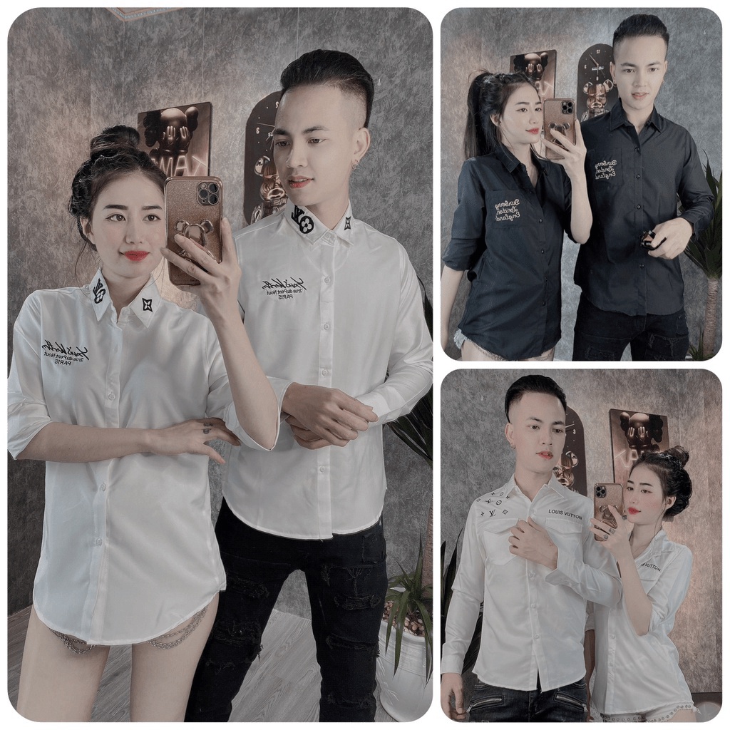 Áo sơ mi tay dài thêu chữ, áo nam nữ cặp đôi thời trang phong cách hàn quốc chất liệu kate lụa, mẫu áo mới xu hướng năm