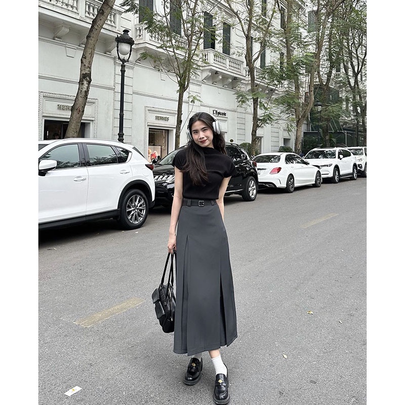 Chân Váy Dài Xếp Ly Kèm Đai Lưng Hàng Quảng Châu M2946-1 - Lolla Fashion