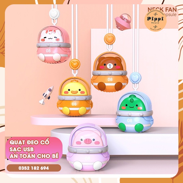 Quạt đeo cổ tích điện hình thú cho bé, không cánh, sạc pin USB tiện lợi