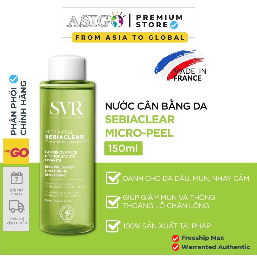 Toner SVR Sebiaclear Micro Peel Nước Cân Bằng thanh lọc, tẩy tế bào chết cho da dầu mụn 150ml