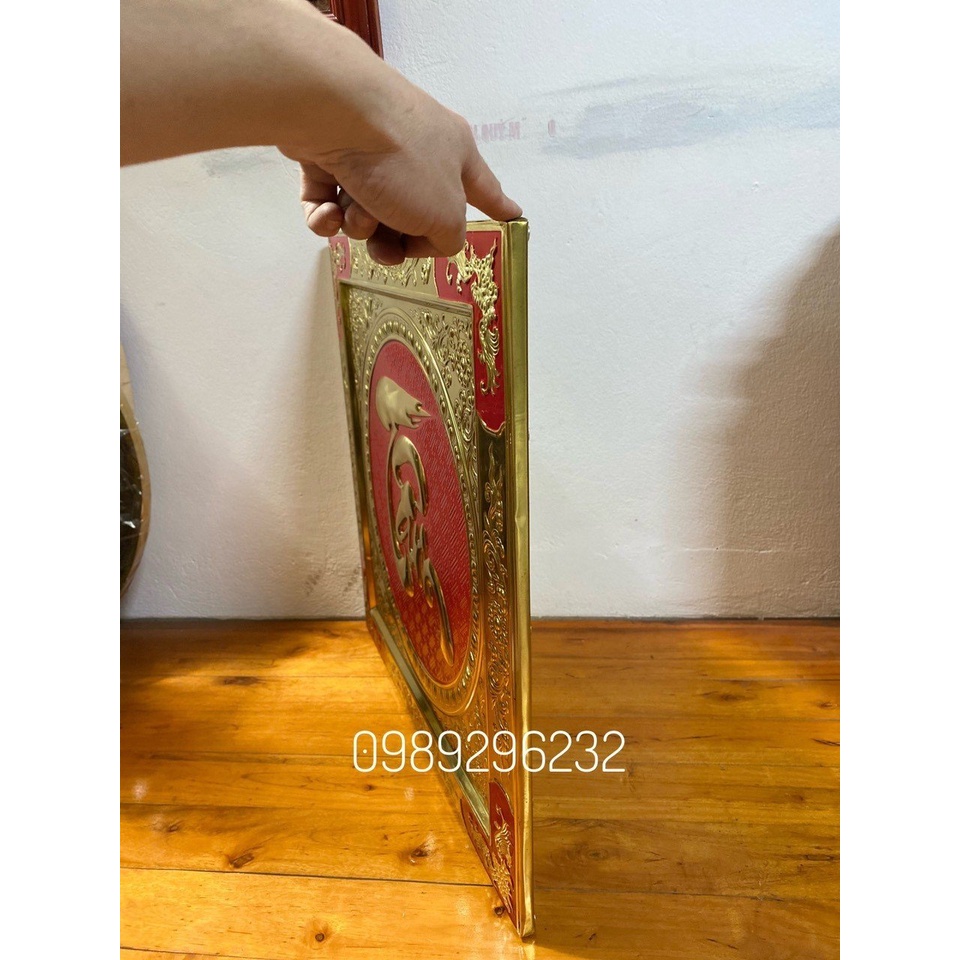 Tranh chữ Tâm thư pháp bằng đồng vàng vuông 55cm